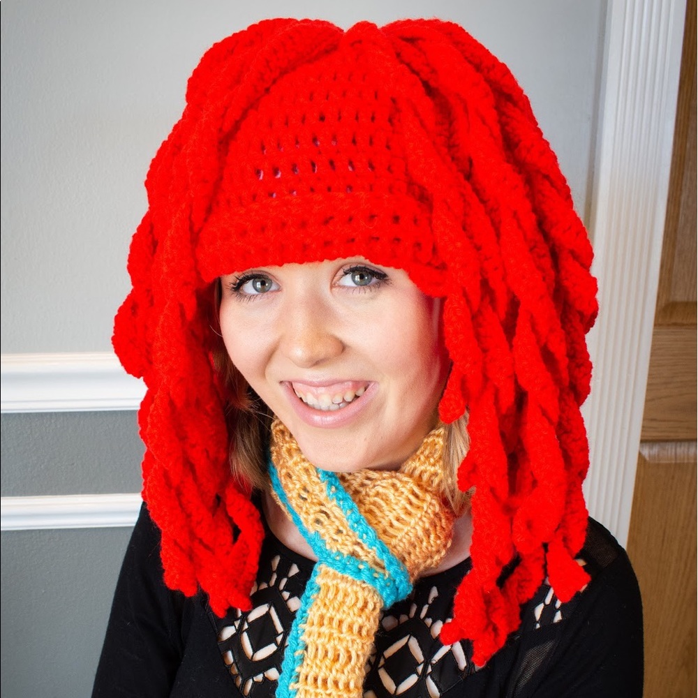 Crocheted Merida hat, scarf, and handwarmmer set